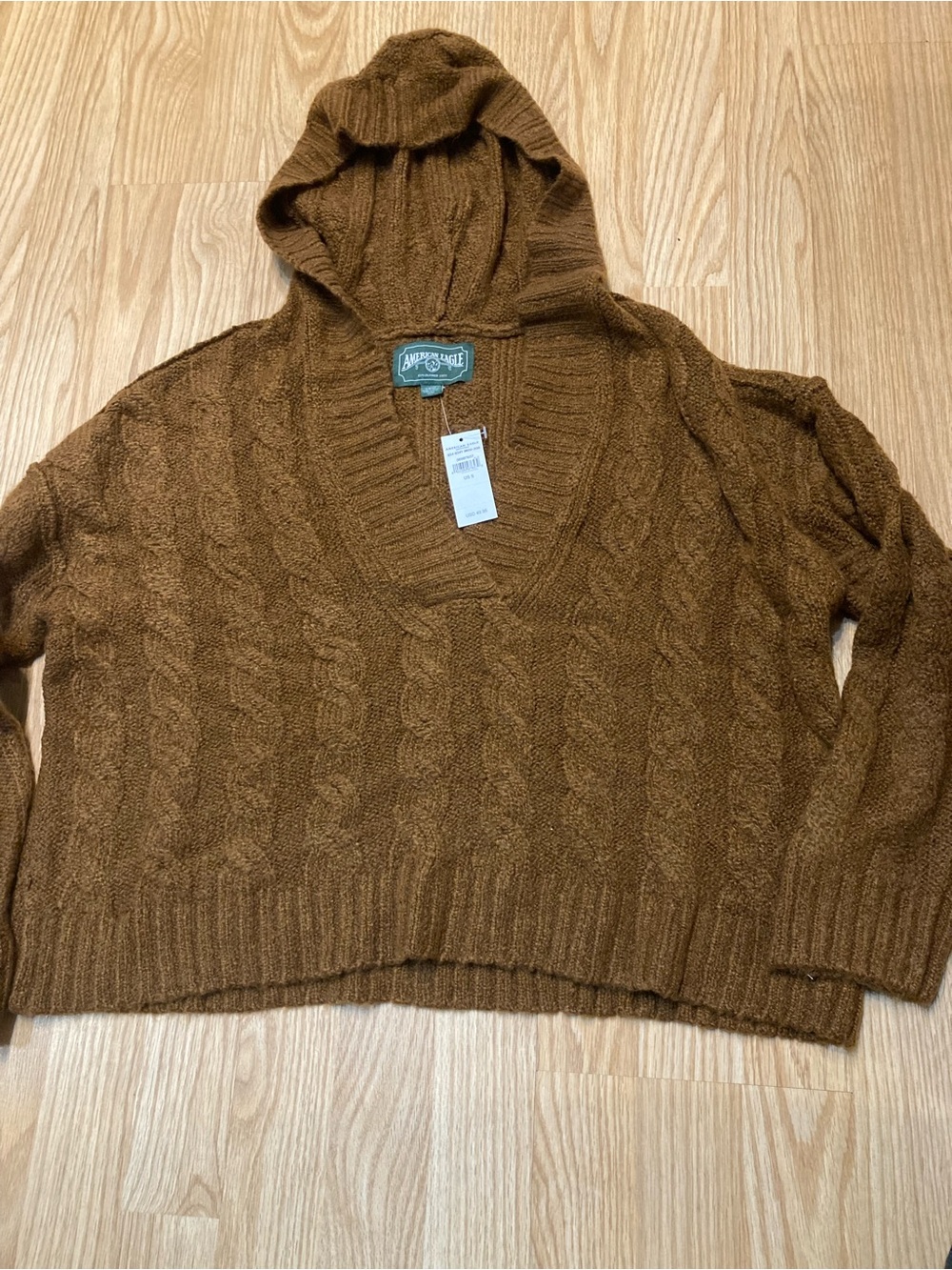 231. Small American Eagle Outfitters Brown Cable-Knit V-Neck Hooded Sweater